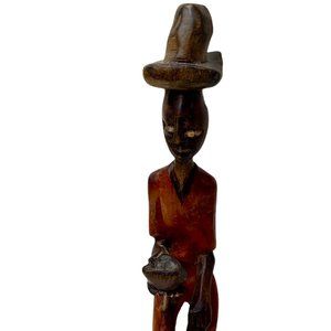 Vintage Handcrafted Man With Hat Holding a Bowl Statue 16" T Carving Folk Art